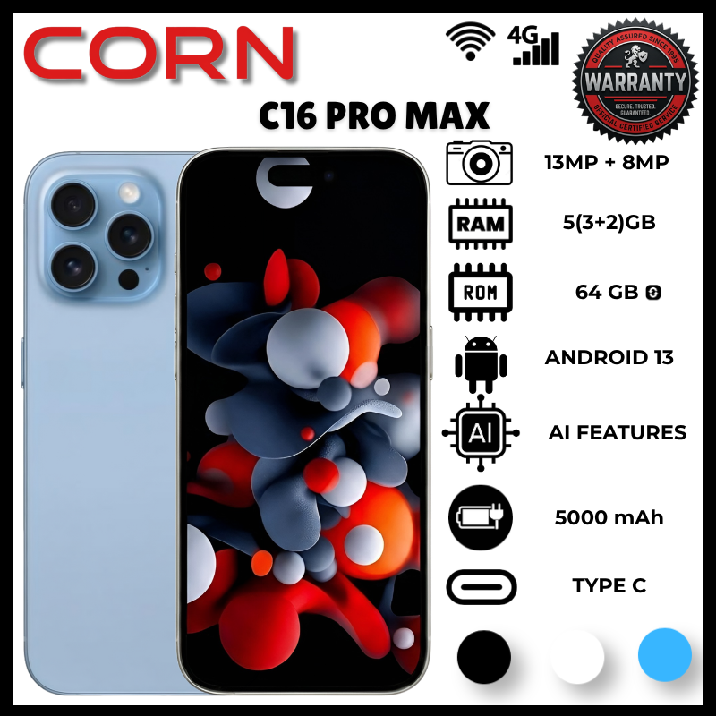 Corn C16 Pro Max 64GB Storage +5(2+3Extended) RamUnlocked Cell Phone, Android 6.6"HD +WATERDROP SCREEN 13MP Main Camera,8mp Front camera 5000mAh Dual SIM, Face ID, GPS Smartphone Smart Phone