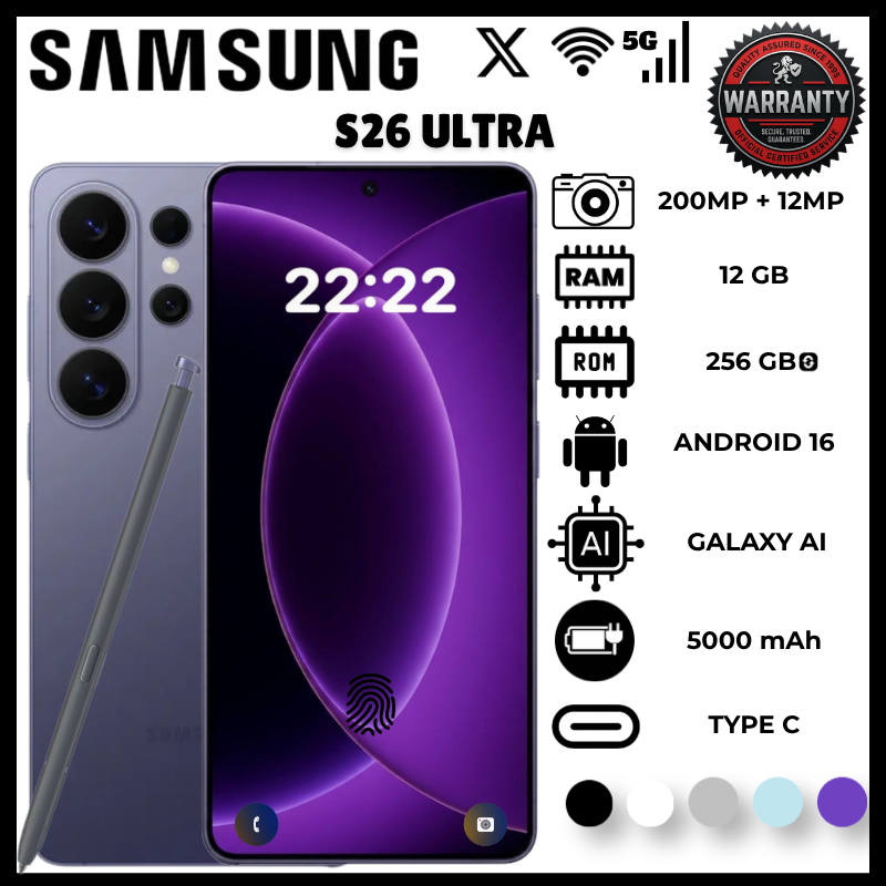 Samsung S26 Ultra 12GB RAM 256GB ROM Snapdragon 8 Elite Processor 200MP Rear 12MP Front 8K Video Phones 6.9 Inch Amoled Display Smartphones 5000MAh Battery Ip68 7.9Mm Android 16 Phone Smartphones