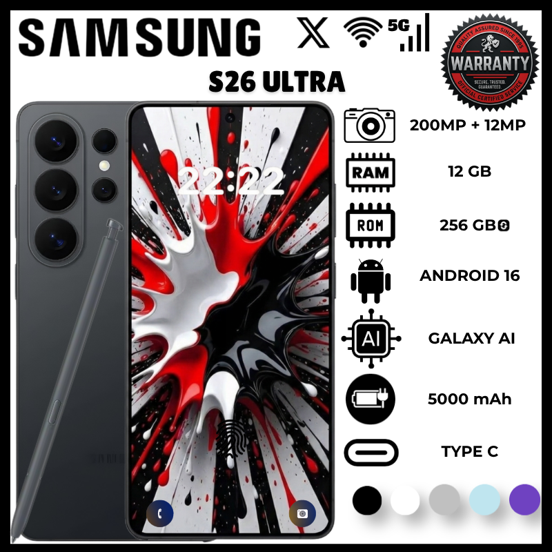 Samsung S26 Ultra 12GB RAM 256GB ROM Snapdragon 8 Elite Processor 200MP Rear 12MP Front 8K Video Phones 6.9 Inch Amoled Display Smartphones 5000MAh Battery Ip68 7.9Mm Android 16 Phone Smartphones