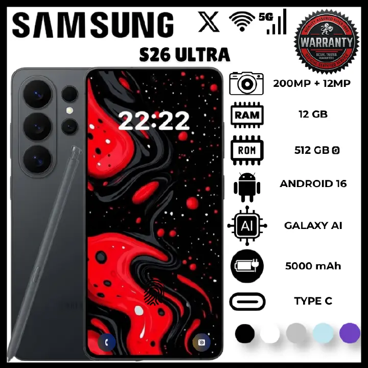 Samsung S26 Ultra 12GB RAM 512GB ROM Snapdragon 8 Elite Processor 200MP Rear 12MP Front 8K Video Phones 6.9 Inch Amoled Display Smartphones 5000MAh Battery Ip68 7.9Mm Android 16 Phone Smartphones