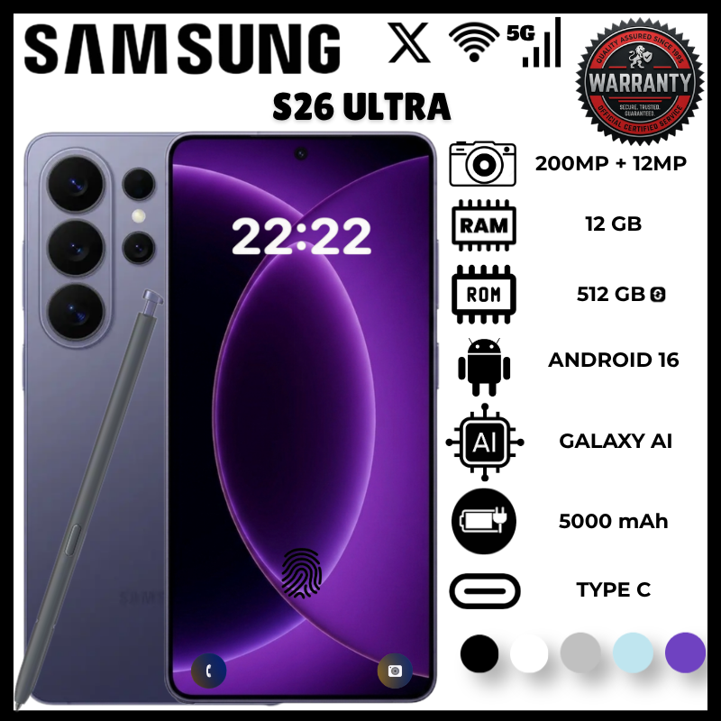 Samsung S26 Ultra 12GB RAM 512GB ROM Snapdragon 8 Elite Processor 200MP Rear 12MP Front 8K Video Phones 6.9 Inch Amoled Display Smartphones 5000MAh Battery Ip68 7.9Mm Android 16 Phone Smartphones