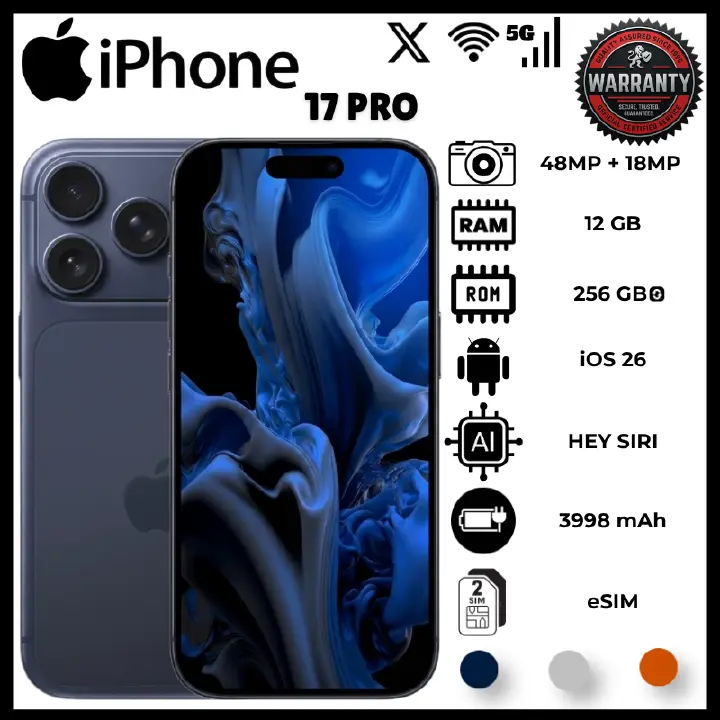 IPhone 17 Pro 12GB RAM 256 GB ROM eSIM 6.3 Inch 120Hz OLED Display A19 Pro Hexa Core 3Nm Phones 48Mp Rear 4X Lidar 18Mp Front Smart Phones 3998Mah 25W Pd3.2 Ios 26 Ip68 8.8Mm Sim Phone Smartphones