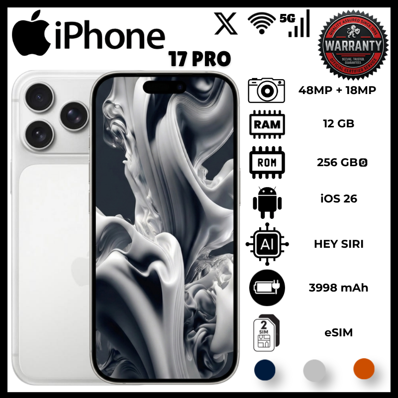 IPhone 17 Pro 12GB RAM 256 GB ROM eSIM 6.3 Inch 120Hz OLED Display A19 Pro Hexa Core 3Nm Phones 48Mp Rear 4X Lidar 18Mp Front Smart Phones 3998Mah 25W Pd3.2 Ios 26 Ip68 8.8Mm Sim Phone Smartphones