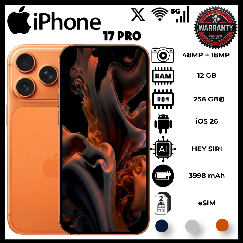 IPhone 17 Pro 12GB RAM 256 GB ROM eSIM 6.3 Inch 120Hz OLED Display A19 Pro Hexa Core 3Nm Phones 48Mp Rear 4X Lidar 18Mp Front Smart Phones 3998Mah 25W Pd3.2 Ios 26 Ip68 8.8Mm Sim Phone Smartphones