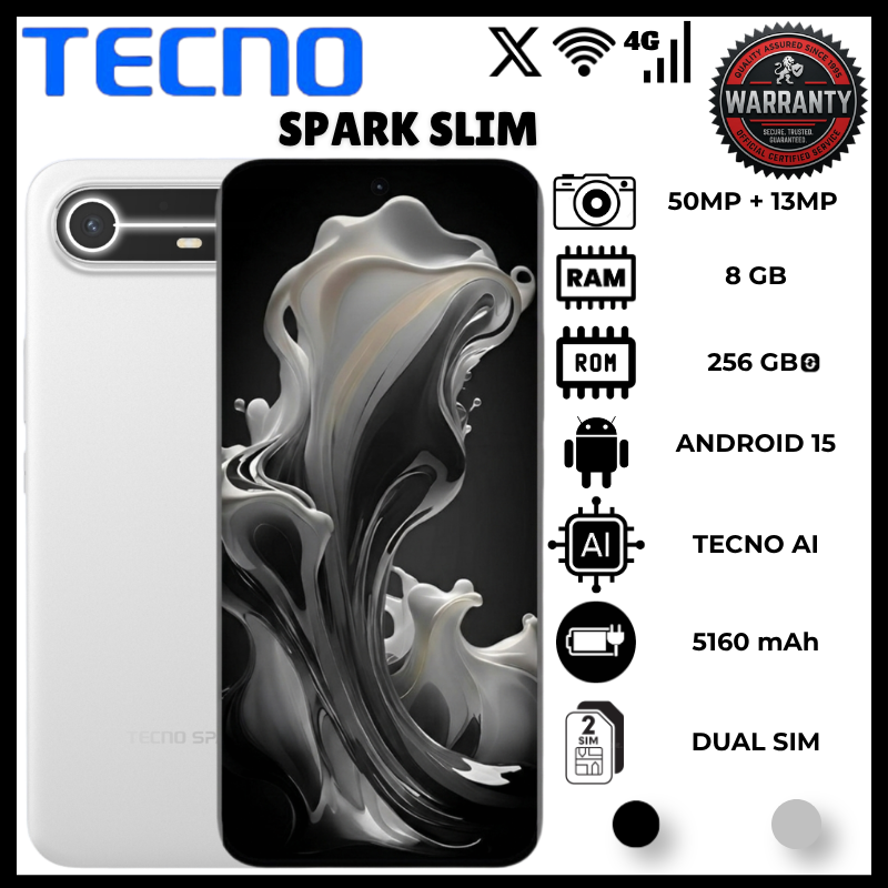 Tecno Spark Slim 16(8+8)GB RAM 256GB ROM 6.78 Inch AMOLED 1224x2720 144Hz MediaTek Helio G200 Phones 50MP Rear 1440p 13MP Front 5160mAh Battery 45W Reverse Phone Android 15 HIOS IP64 5.9mm Smartphones