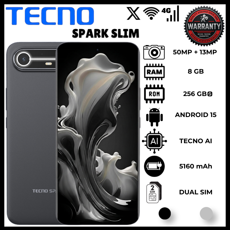 Tecno Spark Slim 16(8+8)GB RAM 256GB ROM 6.78 Inch AMOLED 1224x2720 144Hz MediaTek Helio G200 Phones 50MP Rear 1440p 13MP Front 5160mAh Battery 45W Reverse Phone Android 15 HIOS IP64 5.9mm Smartphones
