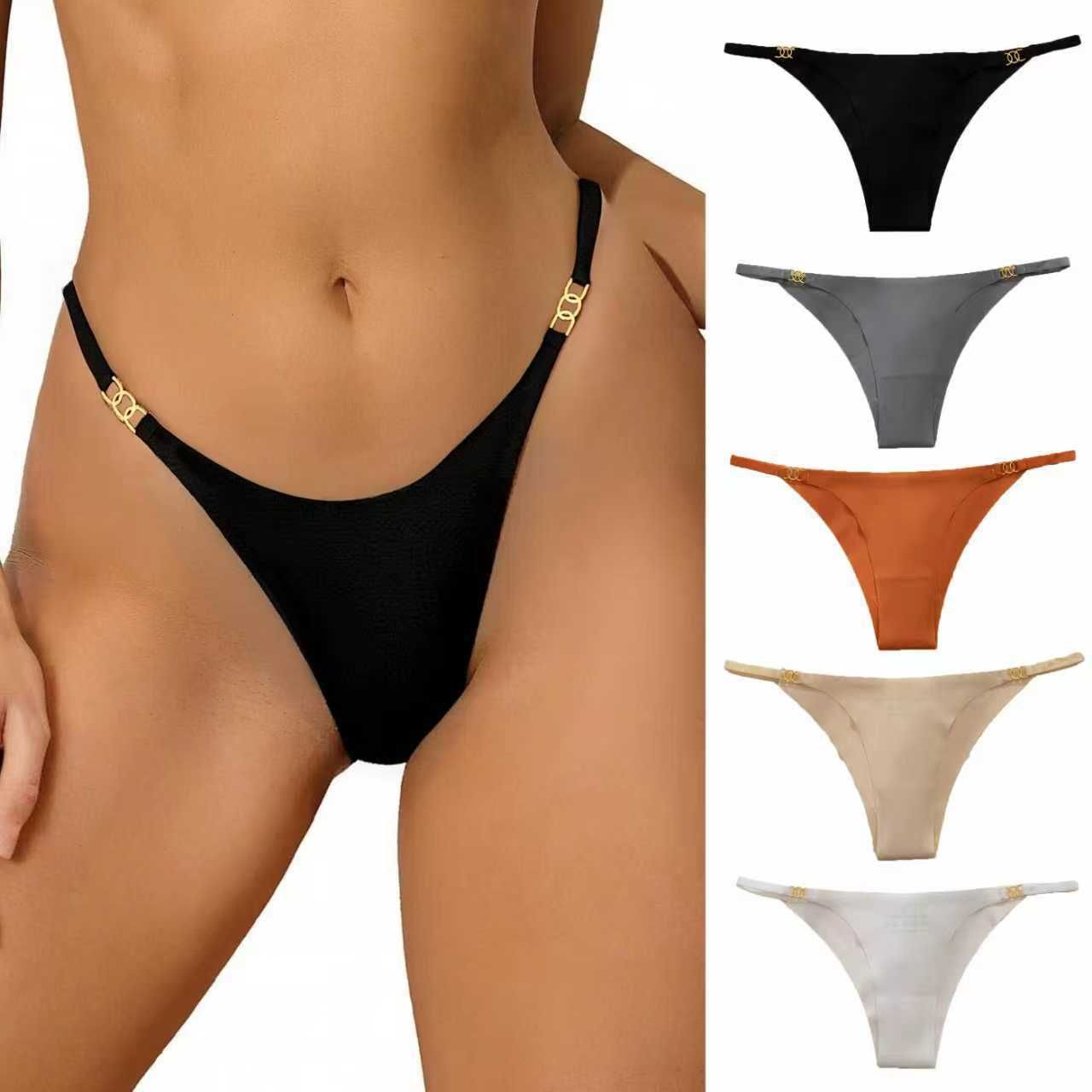 Women's Ice Silk Seamless Thong Panties, Thin Strap with Gold Buckle Detail, Smooth Breathable Microfiber G-String Underwear, S-XL Sizes for Sports & Daily Wear