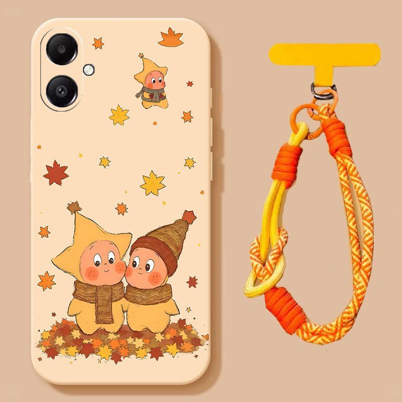 Suitable for Samsung A07 phone case, niche and cute star people, frosted all inclusive style with fallen leaves and star design, antique white background - scarf star
