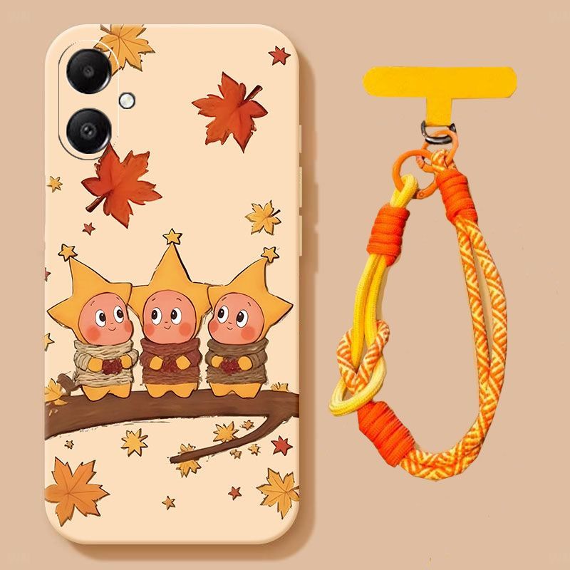 Suitable for Samsung A07 phone case, niche and cute star people, frosted all inclusive style with fallen leaves and star design, antique white background - scarf star