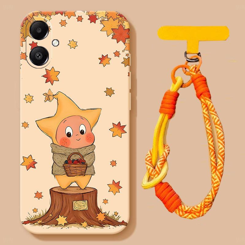 Suitable for Samsung A07 phone case, niche and cute star people, frosted all inclusive style with fallen leaves and star design, antique white background - scarf star