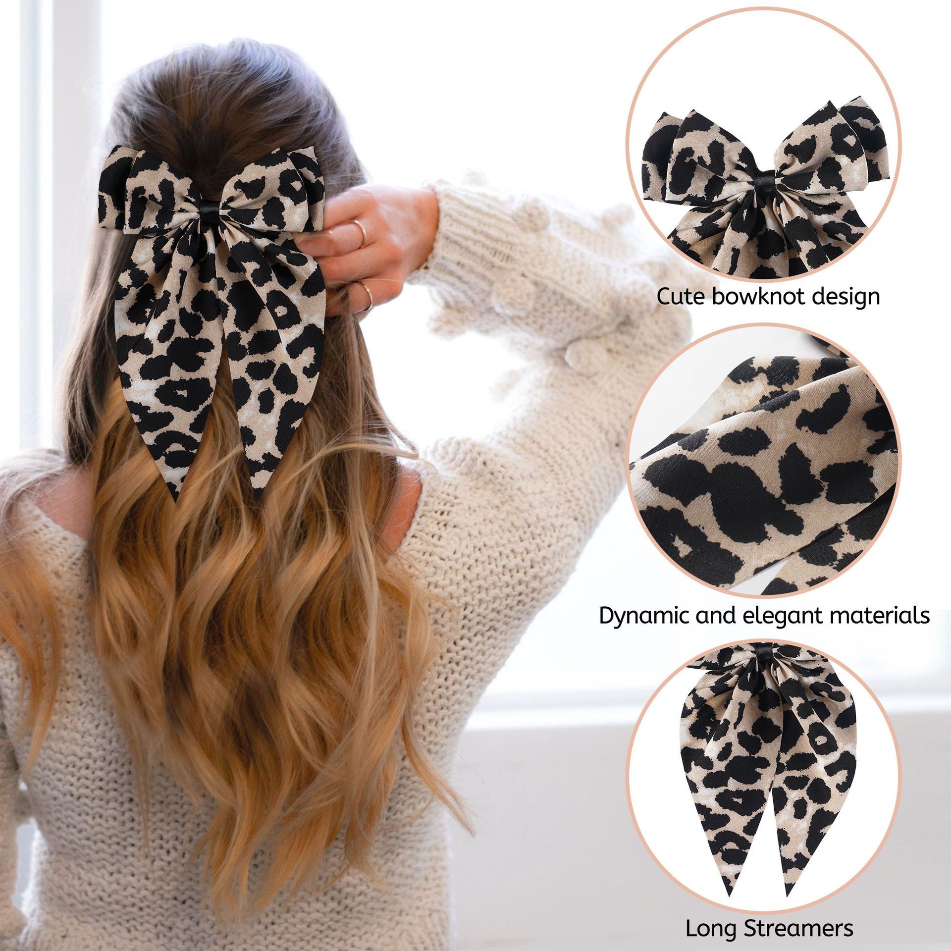Leopard Print Bow Hair Clip for Women Fashion Hair Accessories Long Ribbon Hair Bow Girls Hair Clip