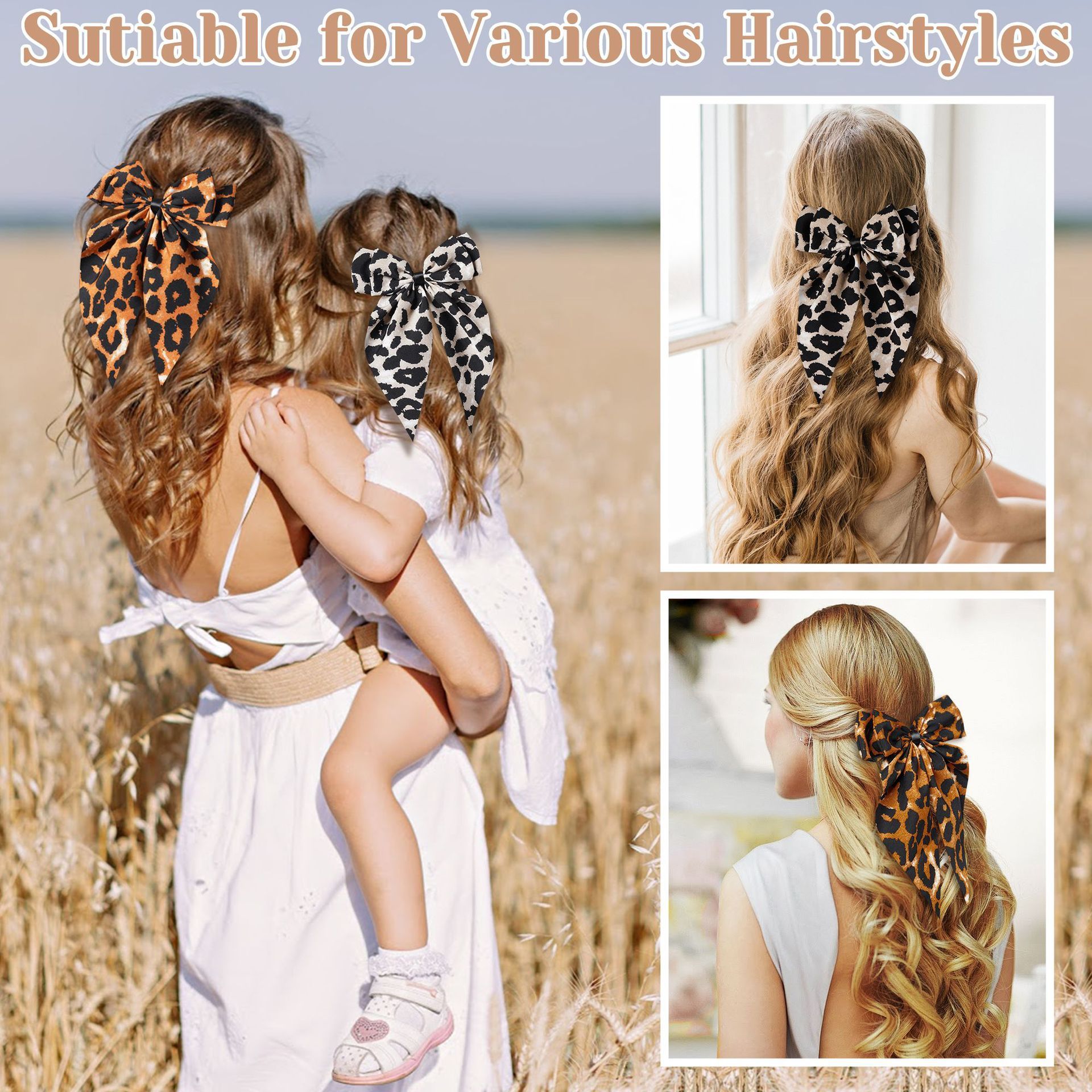 Leopard Print Bow Hair Clip for Women Fashion Hair Accessories Long Ribbon Hair Bow Girls Hair Clip