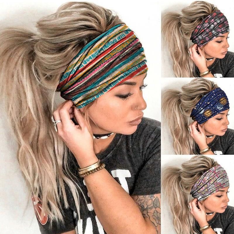 Women Boho Headband Wide Elastic Hairband Stretch Turban Hair Wrap Printed Head Scarf for Yoga Sports Daily Wear