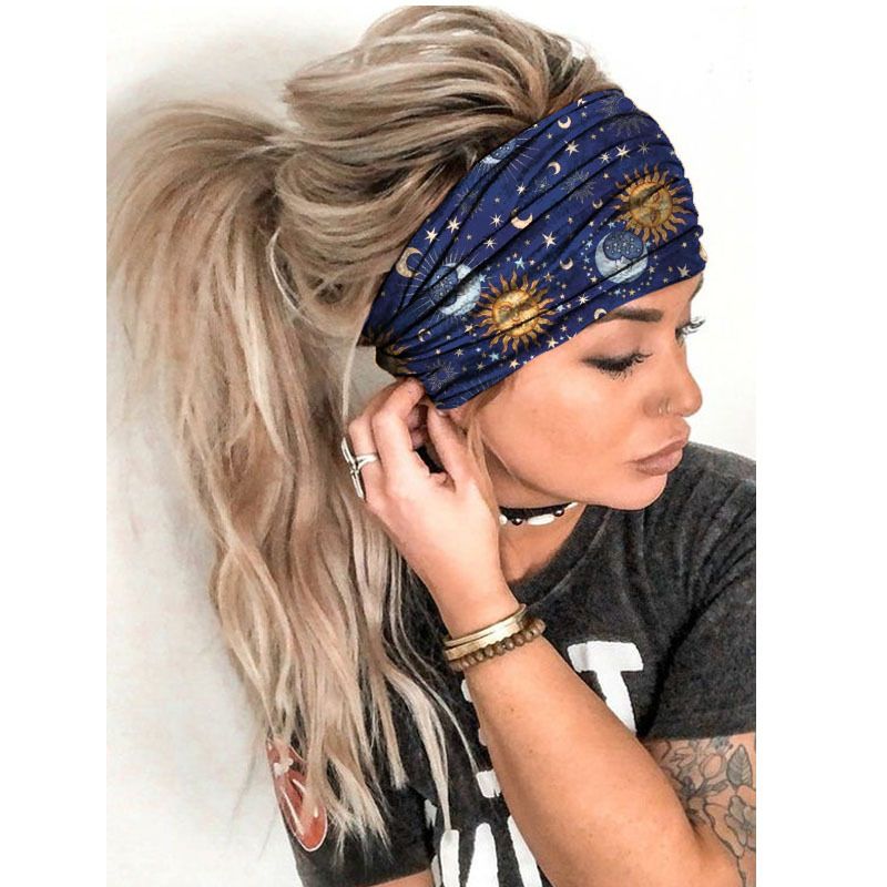 Women Boho Headband Wide Elastic Hairband Stretch Turban Hair Wrap Printed Head Scarf for Yoga Sports Daily Wear