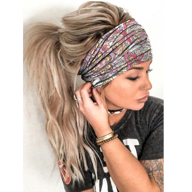 Women Boho Headband Wide Elastic Hairband Stretch Turban Hair Wrap Printed Head Scarf for Yoga Sports Daily Wear