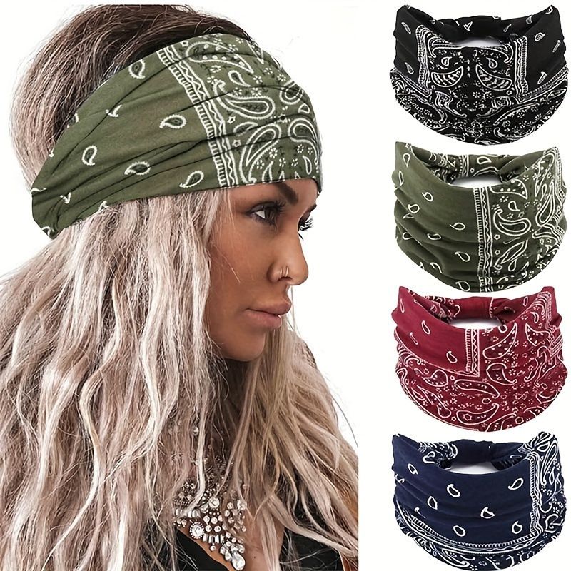 Women Boho Headband Bandana Hair Wrap Stretch Turban Headband Paisley Print Elastic Hair Accessories for Daily Wear Sports Yoga