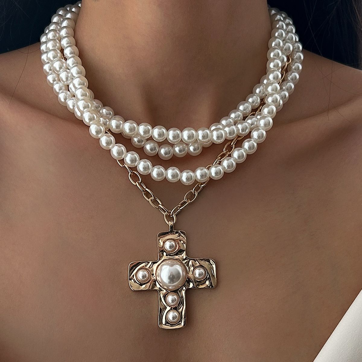 Pearl Cross Necklace for Women Gold Chain Pendant Luxury Christian Jewelry Fashion Gift Elegant Layered Necklace
