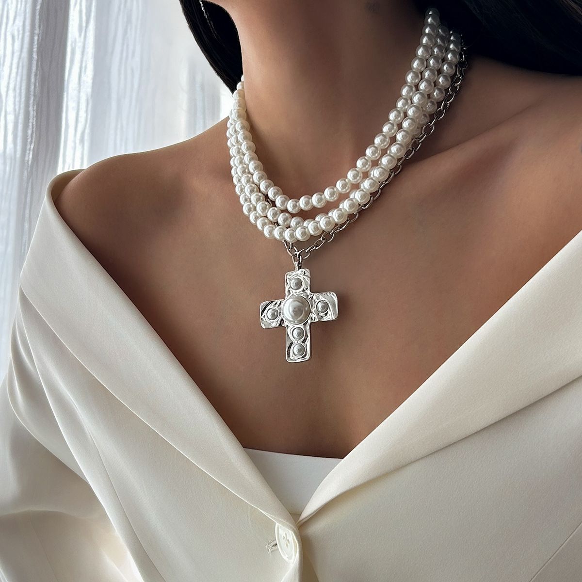 Pearl Cross Necklace for Women Gold Chain Pendant Luxury Christian Jewelry Fashion Gift Elegant Layered Necklace
