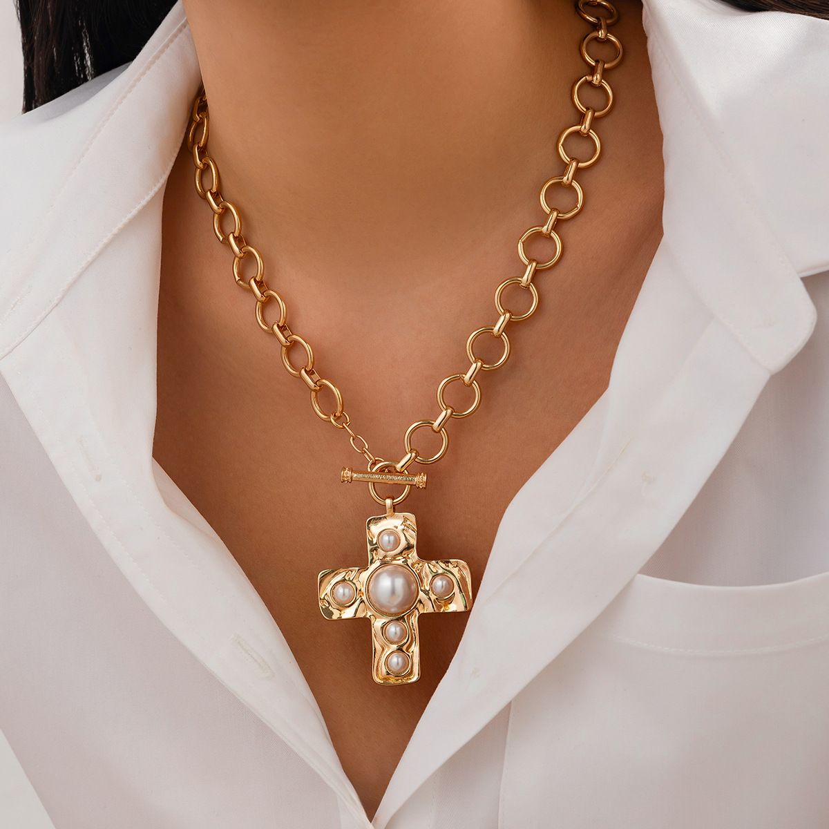 Pearl Cross Necklace for Women Gold Chain Pendant Luxury Christian Jewelry Fashion Gift Elegant Layered Necklace