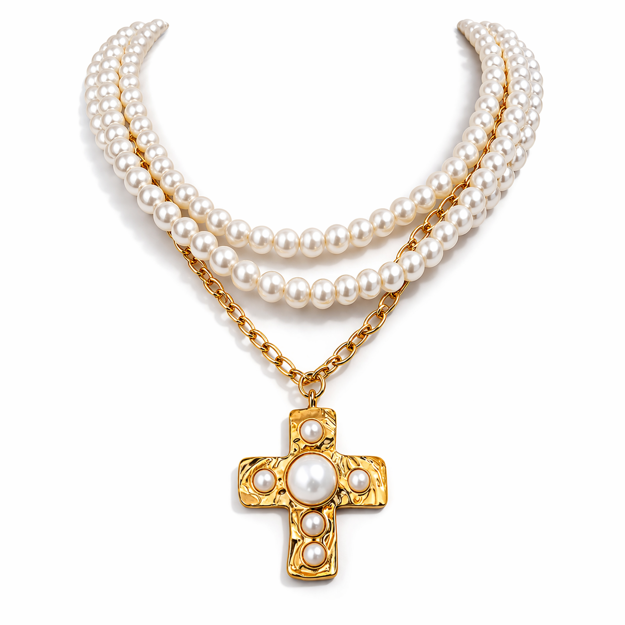 Pearl Cross Necklace for Women Gold Chain Pendant Luxury Christian Jewelry Fashion Gift Elegant Layered Necklace