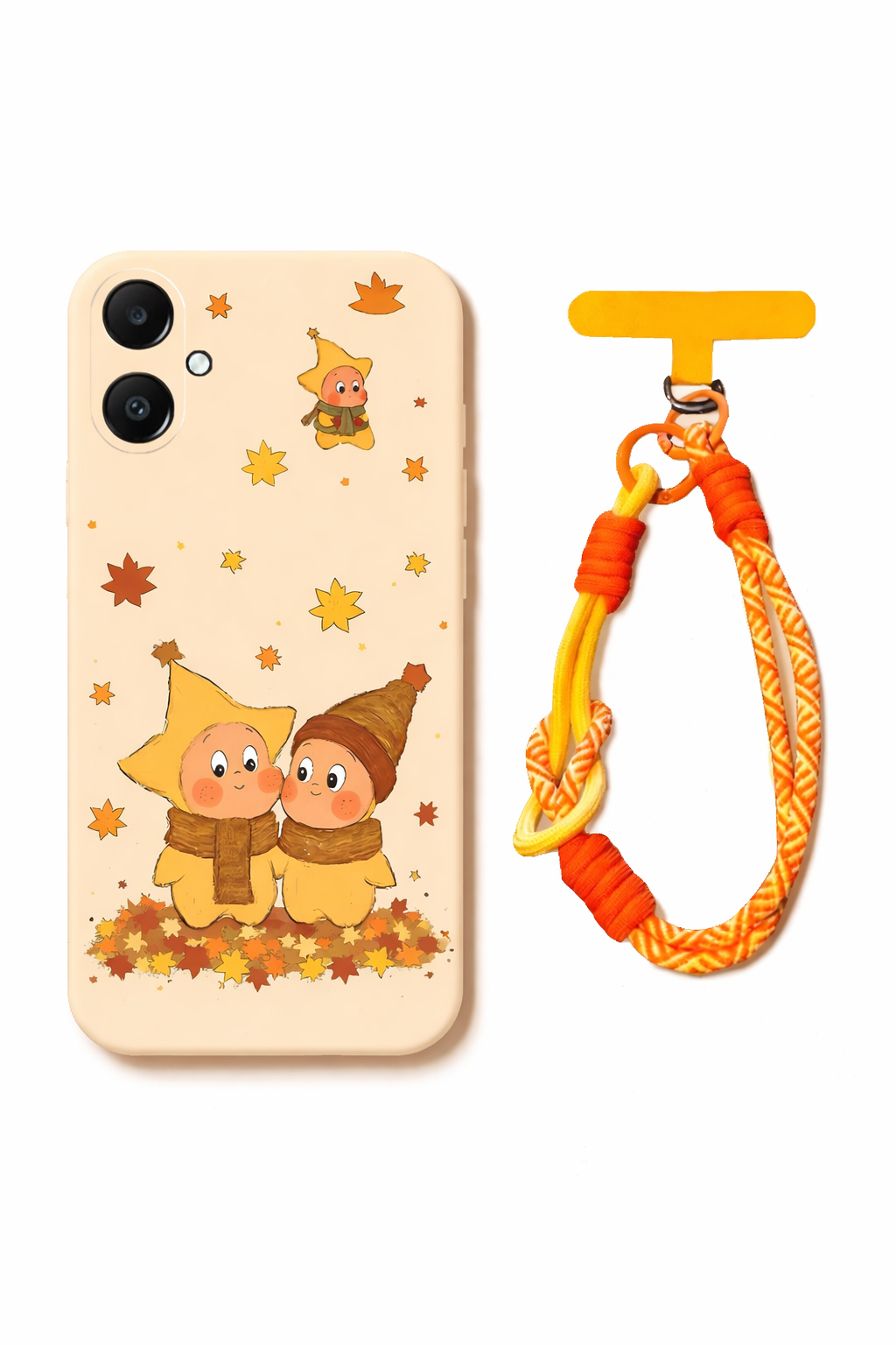 Suitable for Samsung A07 phone case, niche and cute star people, frosted all inclusive style with fallen leaves and star design, antique white background - scarf star