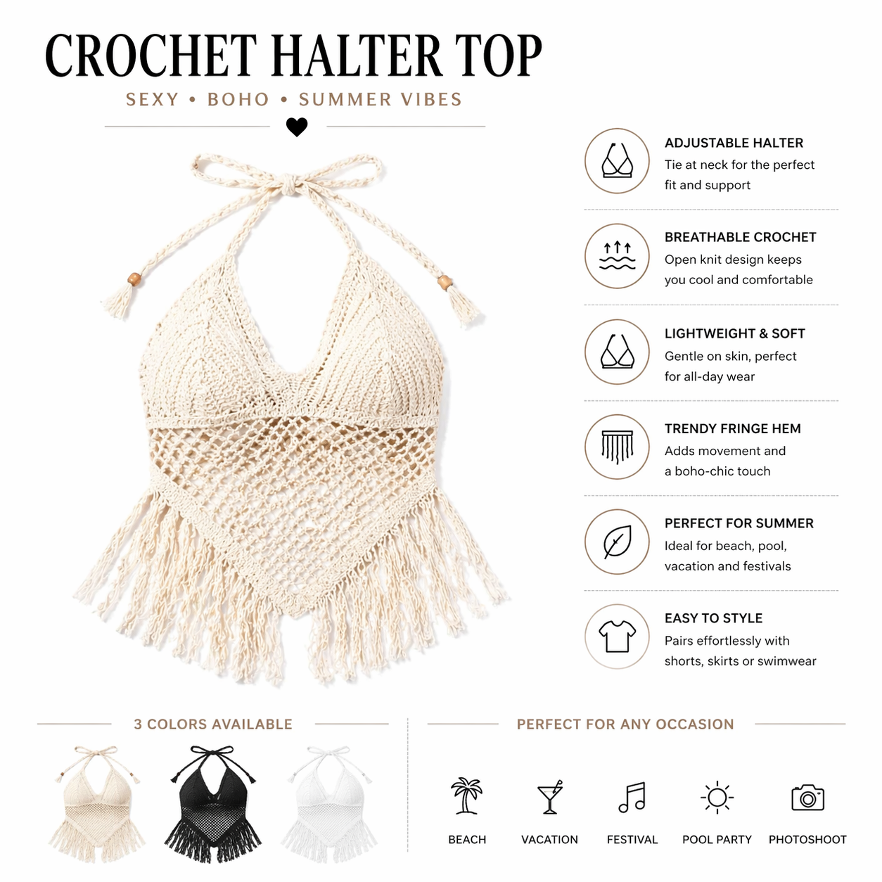 Sexy Crochet Halter Crop Top for Women – Hollow Out Knit Beach Cover Up, Boho Fringe Sleeveless Summer Top for Beach Party (One Size)