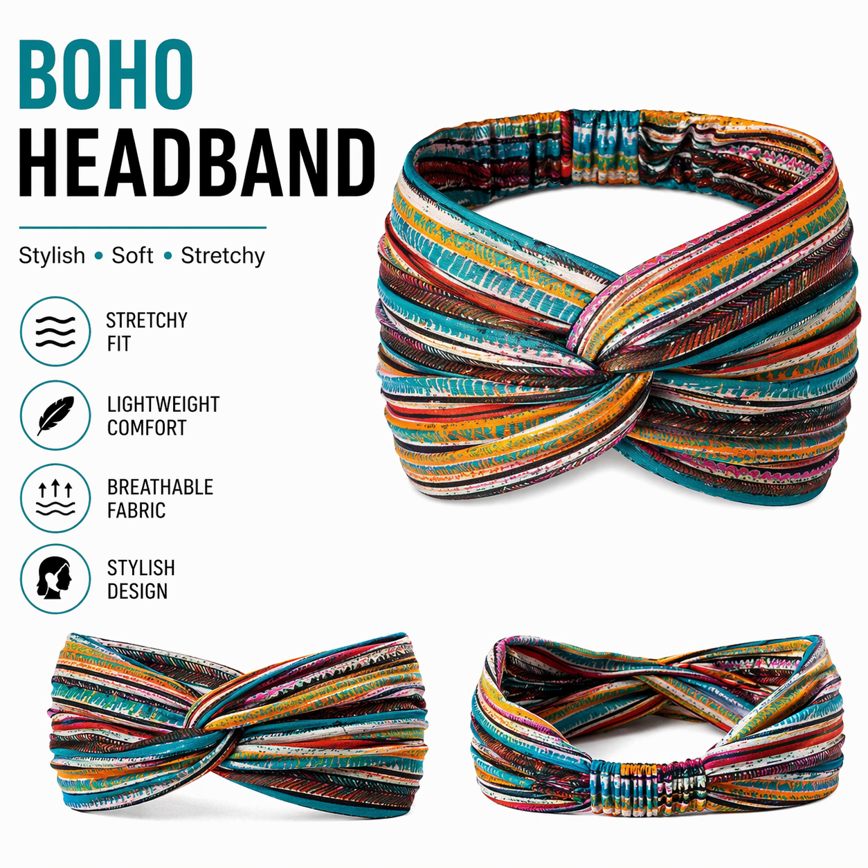 Women Boho Headband Wide Elastic Hairband Stretch Turban Hair Wrap Printed Head Scarf for Yoga Sports Daily Wear