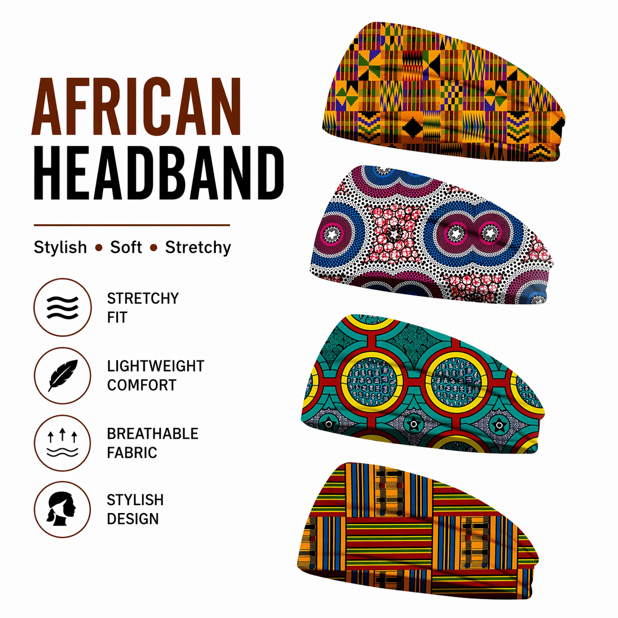 African Print Headband for Women Wide Elastic Hairband Stretch Head Wrap Boho Ankara Hair Accessories for Daily Wear