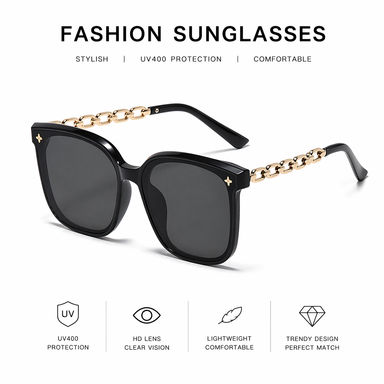 Luxury Chain Sunglasses Women Fashion Square Shades UV400 Protection Oversized Black Eyewear Trendy Designer Glasses