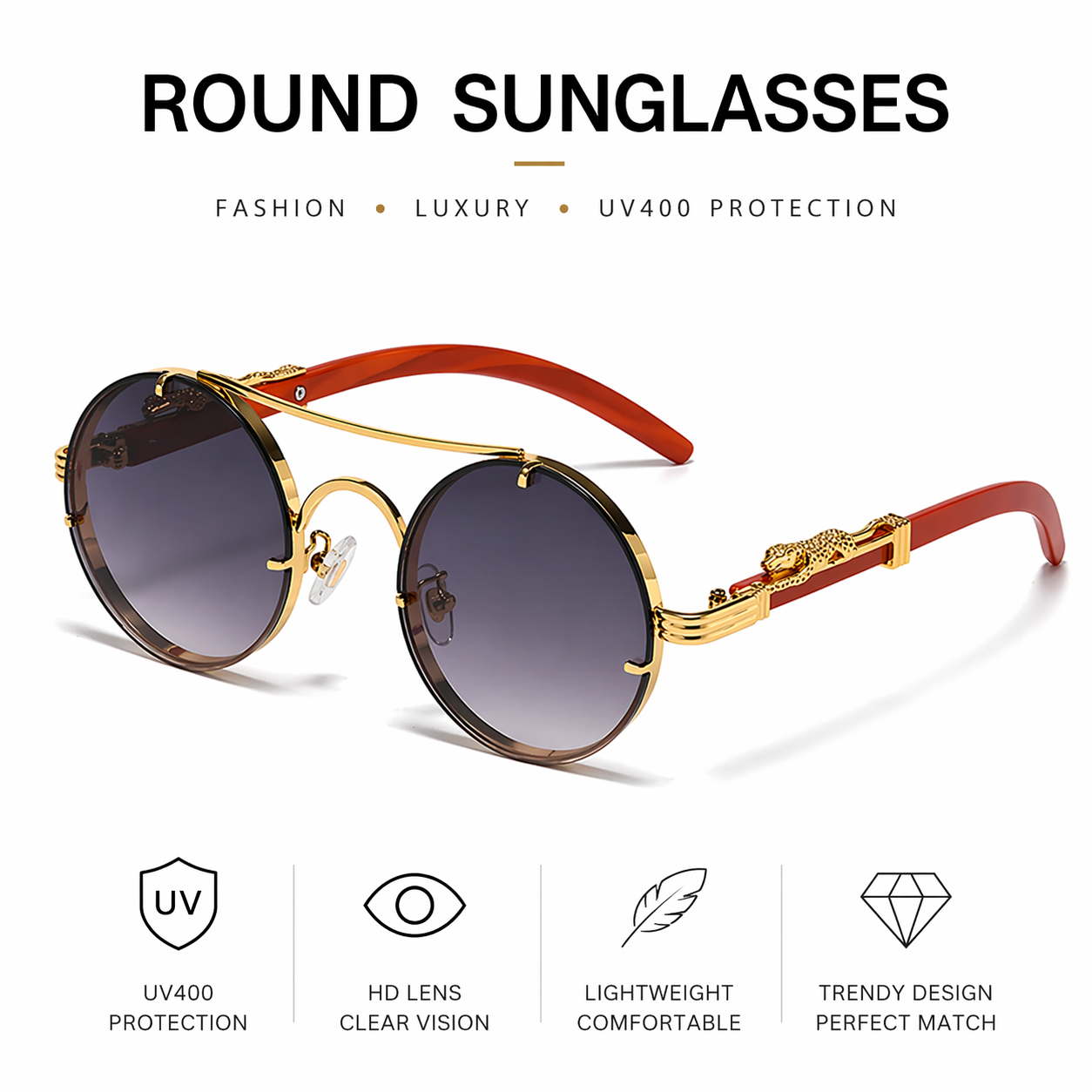 Luxury Round Sunglasses Women Vintage Metal Frame UV400 Protection Retro Designer Shades Leopard Arm Fashion Eyewear