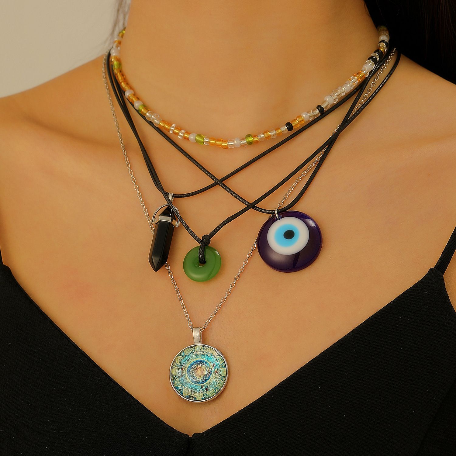 Boho Layered Necklace for Women Evil Eye Pendant Beaded Choker Multi Layer Chain Fashion Jewelry