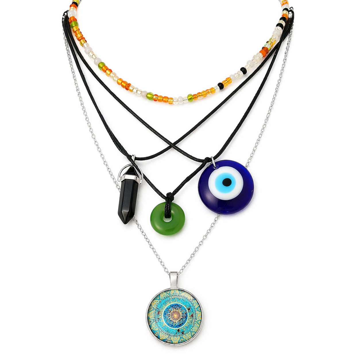 Boho Layered Necklace for Women Evil Eye Pendant Beaded Choker Multi Layer Chain Fashion Jewelry