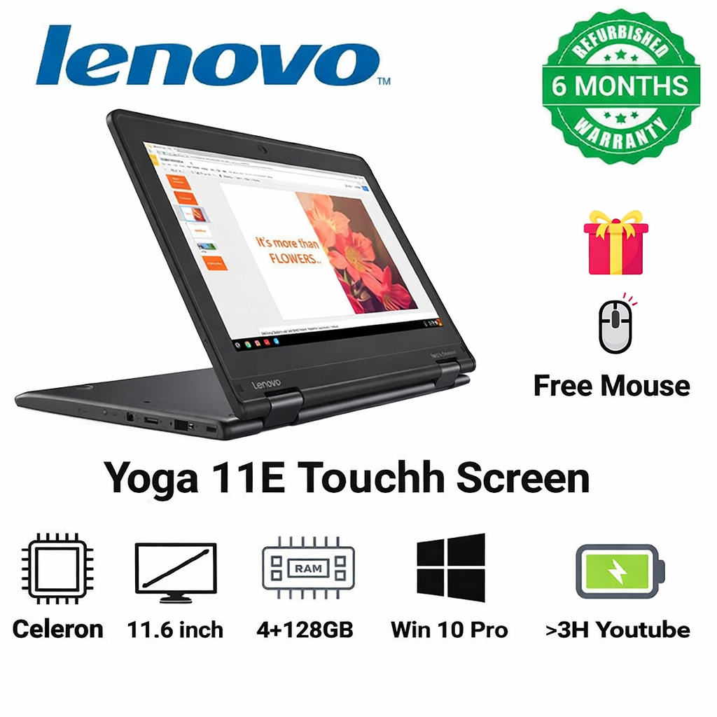 (FREE Mouse) Lenovo Yoga 11e 2-in-1 Touchscreen Laptop – 4GB RAM, 128GB SSD | Windows 11 Pro | 12” (Refurbished)