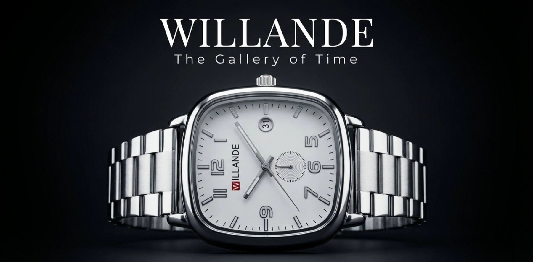 Willande luxury quartz wrist watch with stainless steel strap, square dial, date display, water resistant elegant design for men and women casual and business wear