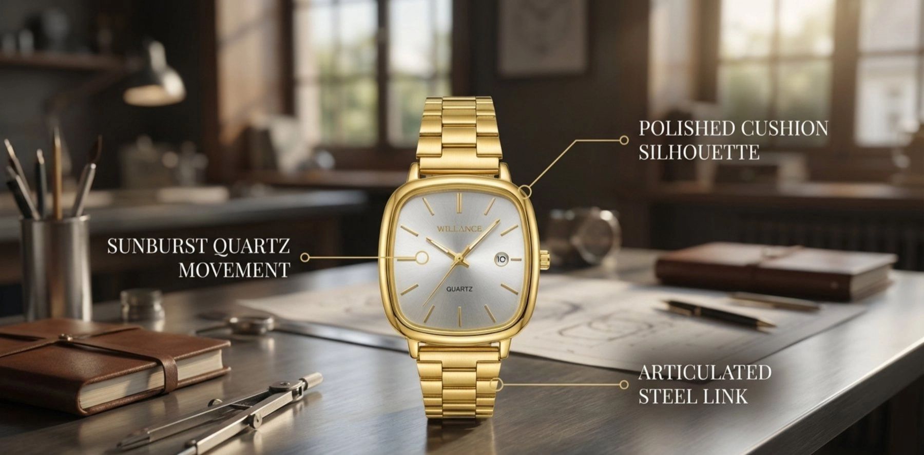 Willande luxury quartz wrist watch with stainless steel strap, square dial, date display, water resistant elegant design for men and women casual and business wear