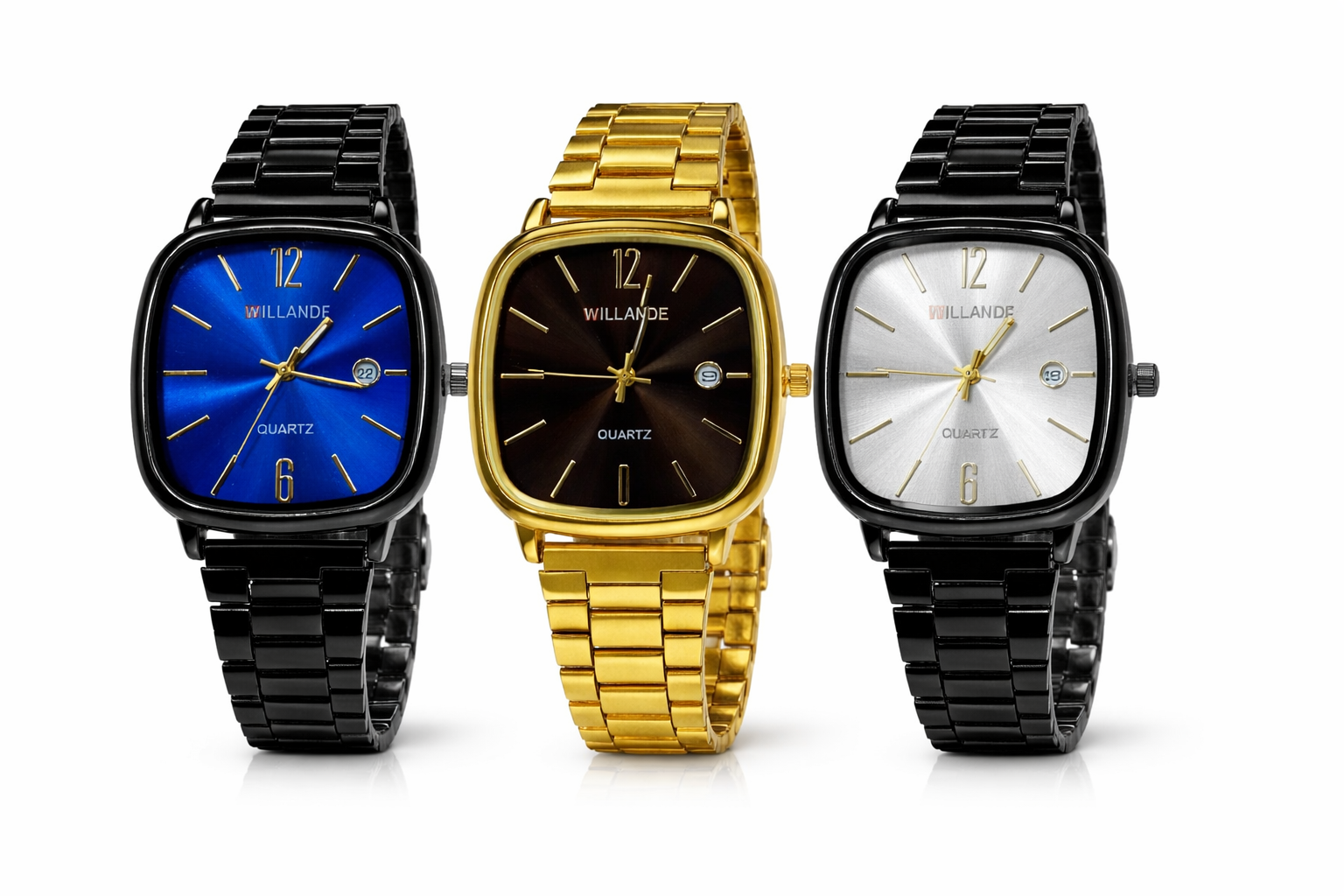 Willande luxury quartz wrist watch with stainless steel strap, square dial, date display, water resistant elegant design for men and women casual and business wear