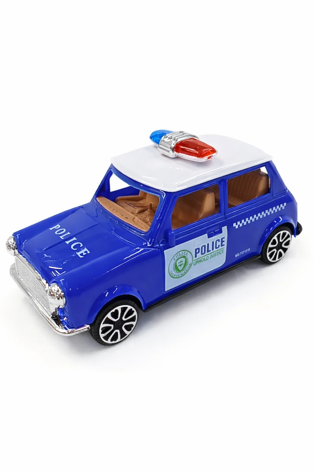 Diecast Miniature Blue Police Car Toy with White Roof, Red-Blue Light Bar, “Uphold Justice” Badge, and Realistic Detailing for Kids and Collectors
