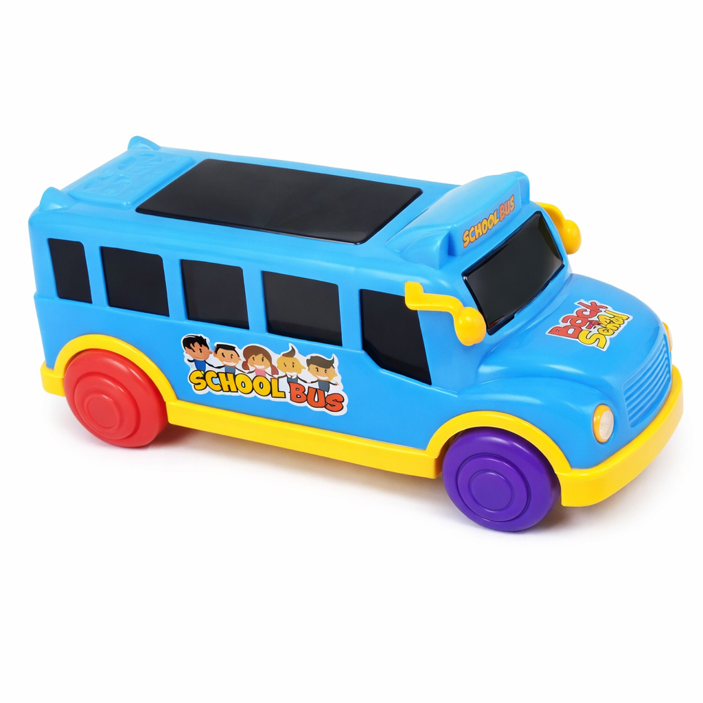 Children's Plastic School Bus Toy – Multi-Color Model with Blue Body and Yellow Trim, Educational Vehicle Toy for Kids