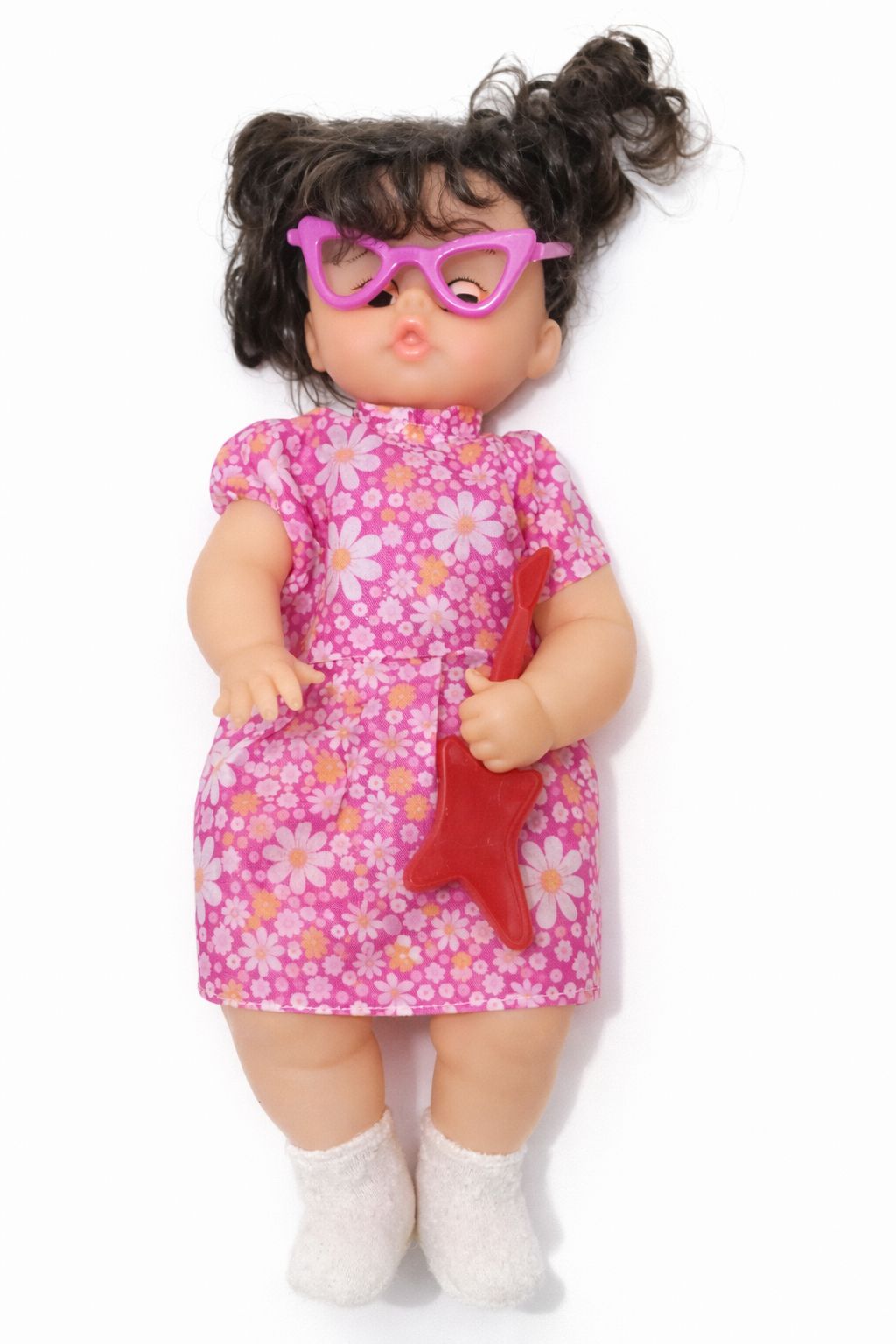 Fashion Doll with Pink Glasses and Floral Dress – Stylish Collectible Doll, Soft Vinyl Body, Perfect for Imaginative Play and Gift Giving