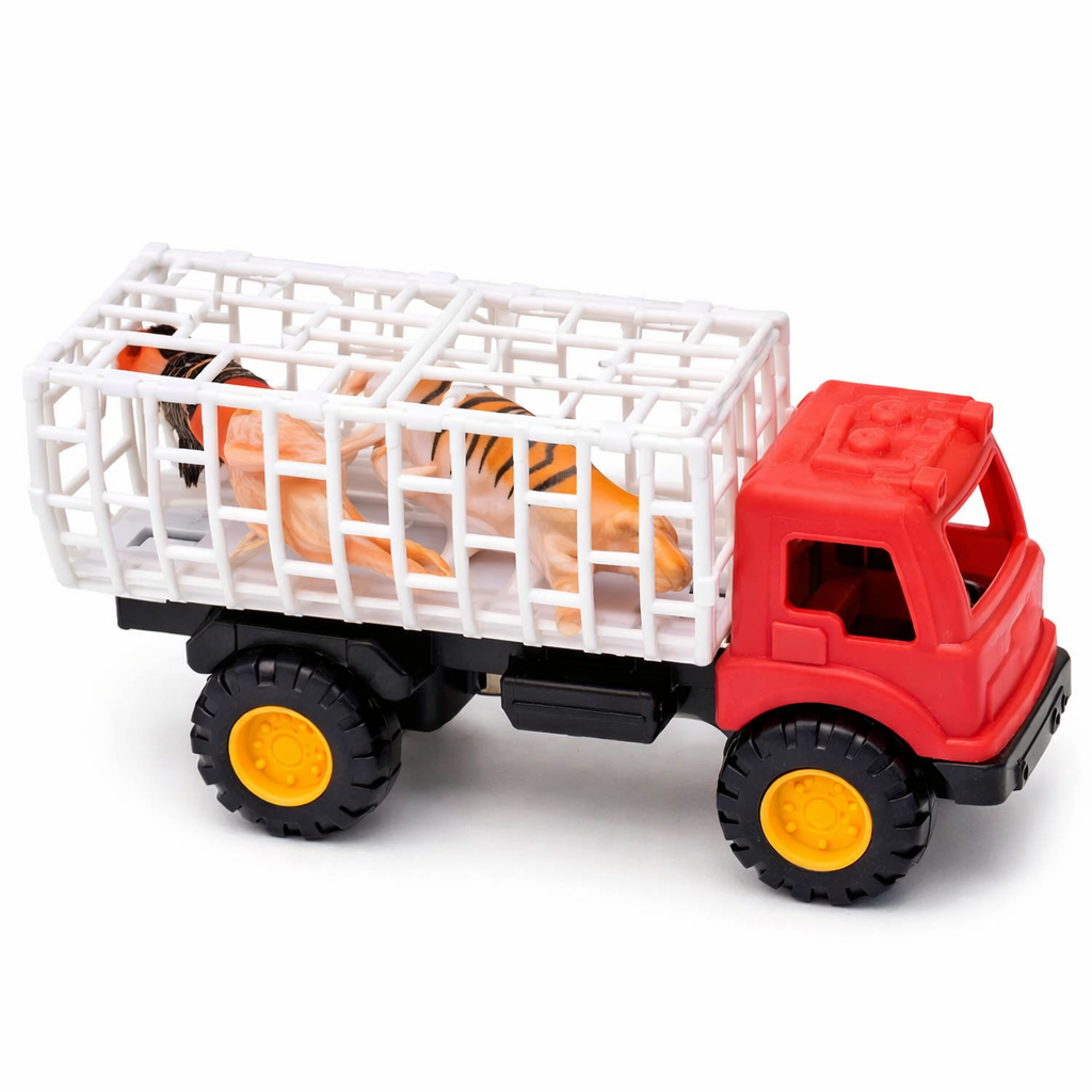 Plastic Toy Animal Rescue Truck – Red Cab with White Detachable Cage, Includes Tiger Figure, Lightweight Construction for Imaginative Play