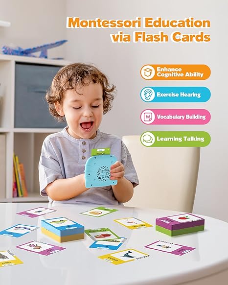 Talking Flash Cards for Toddlers 1 2 3 4 Year Olds – Montessori Language Learning with 224 Words, Pocket Speech Therapy & Autism Sensory Educational Device