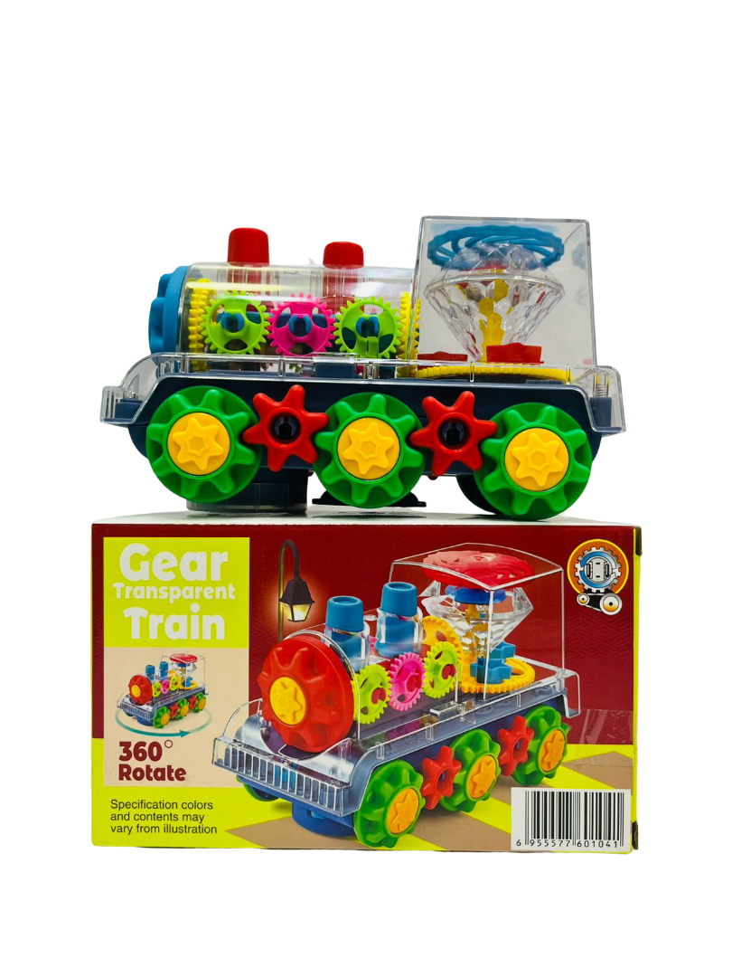 Gear Transparent Train Toy – Motorized Bump & Go Engine with 360° Rotation, Flashing LED Lights & Music, Clear Body Shows Internal Gears in Motion, Battery Operated for Kids
