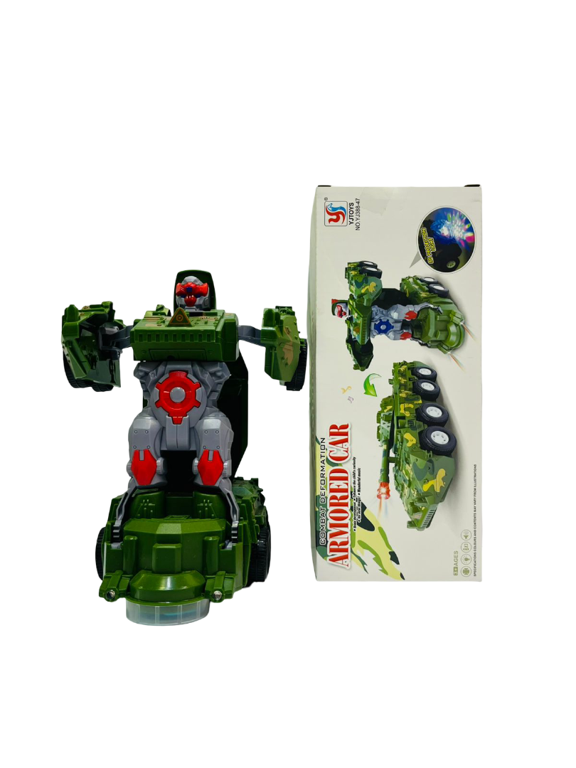 YJ Toys Combat Deformation Armored Car – Automatic Transforming Tank Robot with Bump & Go, LED Lights and Sound Effects, Non-Toxic ABS Plastic, for Ages 3+