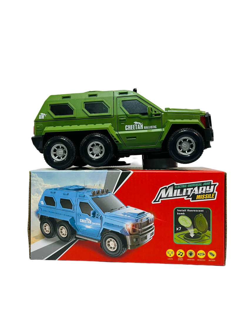 Cheetah Ballistic Military Missile Toy Car – 360° Rotating Battery-Operated Vehicle with Flashing Lights & Sound Effects, Universal Movement Obstacle Avoidance, Action Toy for Kids