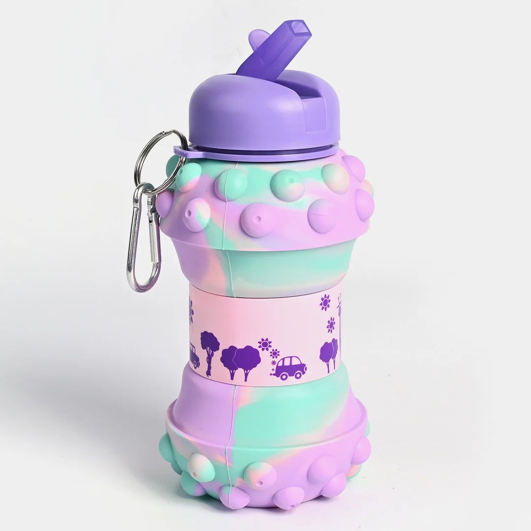 Pop-It Collapsible Silicone Water Bottle with Fidget Sensory Bubbles – Leak-Proof Foldable Drink Container with Carabiner, BPA-Free for School, Travel, Camping & Outdoor Play