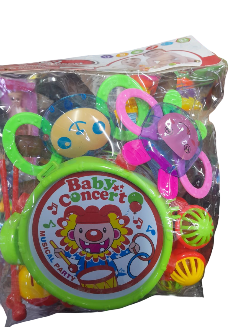 Baby Concert Rattle & Musical Drum Toy Set – 5-in-1 Early Education Kit with Hand Drum & Percussion Instruments, Sensory Development Toys for 0-12 Months, Safe Non-Toxic Baby Rattles