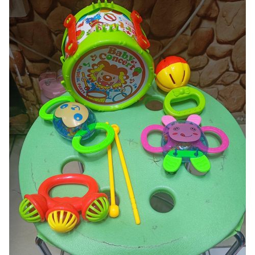 Baby Concert Rattle & Musical Drum Toy Set – 5-in-1 Early Education Kit with Hand Drum & Percussion Instruments, Sensory Development Toys for 0-12 Months, Safe Non-Toxic Baby Rattles