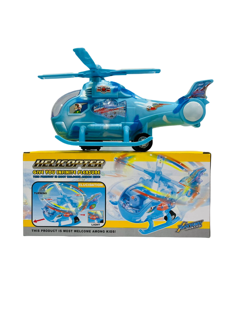 Battery-Operated 360° Rotating Helicopter Toy – Bump & Go Military Copter with LED Lights & Sound Effects, Universal Wheel Crawling Toy for Kids 3+