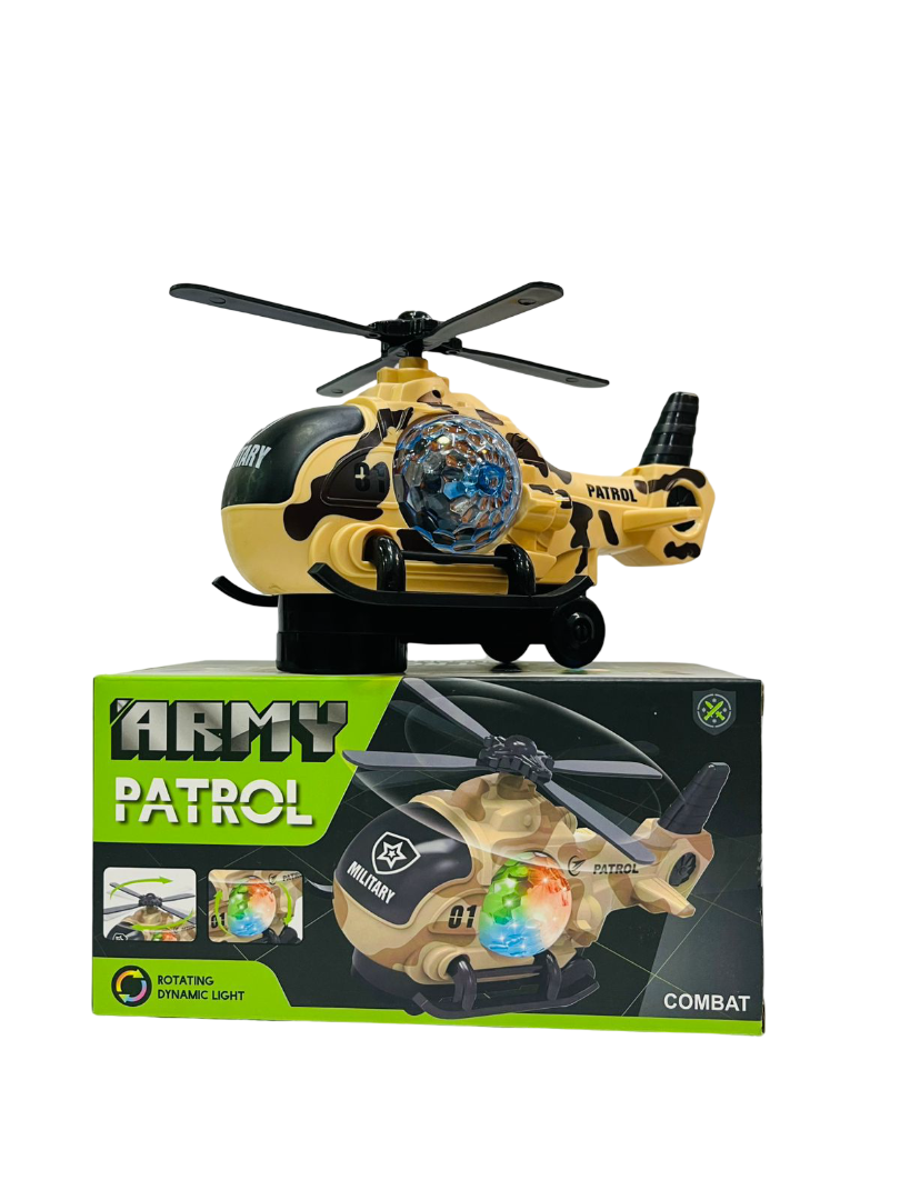 Battery-Operated 360° Rotating Helicopter Toy – Bump & Go Military Copter with LED Lights & Sound Effects, Universal Wheel Crawling Toy for Kids 3+