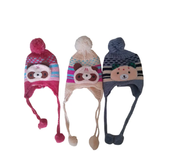 3 Pcs Baby/Kids Crotchet Knitted Cartoon Marvins Beanie Hats/Caps with Ear Flaps & Pom-Poms Protects Baby from Cold cute cartoon animal design Unisex for Boys and Girls